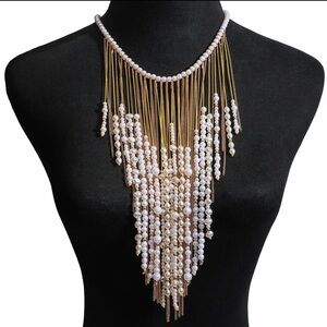 Pearl Fringe Statement Necklace – Gold Tone Beaded Tassel Necklace
